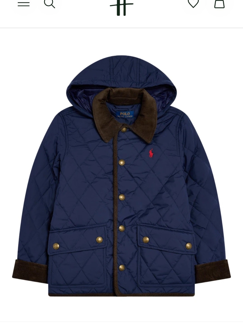 Polo by Ralph Lauren Navy Quilted Hooded Puffer with Brown Corduroy Trim